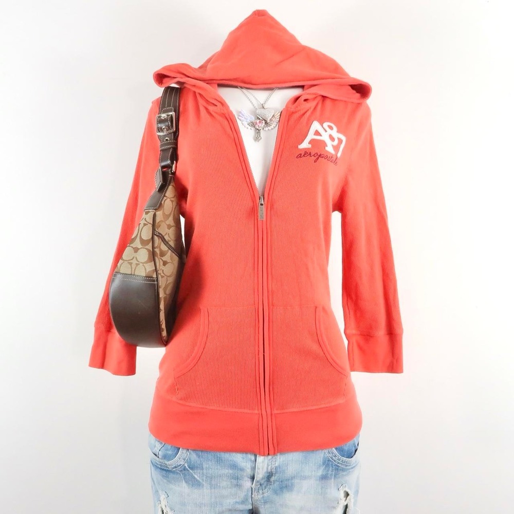 y2k aeropostale coral pink ribbed zip up hoodie abercrombie style